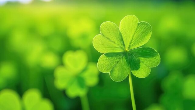 A close-up video showcasing a vibrant four-leaf clover bathed in sunlight, symbolizing luck and good fortune. Concept of good luck and fortune represented by a four-leaf clover.