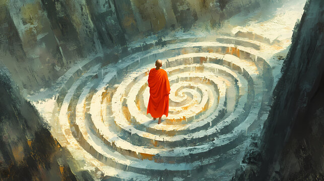 A solitary monk in an orange robe walks alone on a labyrinthine path, symbolizing a journey of contemplation and self-discovery. Labyrinthine. Illustration