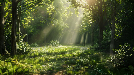Naklejka premium Sunlight Through Forest Leaves: Sunlight filtering through the leaves of a dense forest, creating dappled patterns on the ground and highlighting the lush greenery.