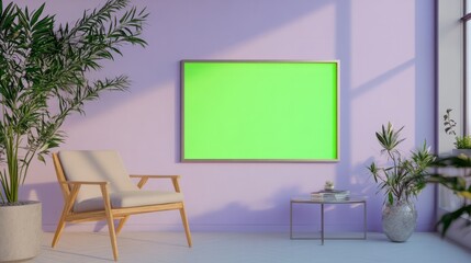 A wooden frame with a green screen, displayed on a textured, concrete accent wall
