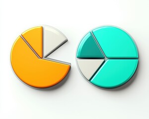 Two glossy pie charts in orange and teal colors, showcasing data representation and analysis