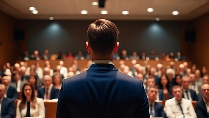 Man in dark suit addresses diverse audience in a formal conference or lecture hall setting