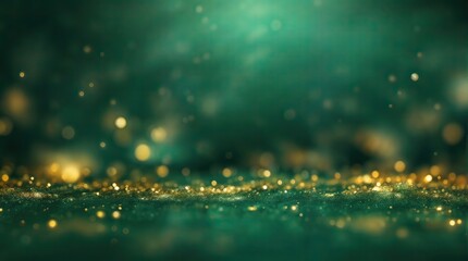 Abstract blur bokeh banner background. Gold bokeh on defocused emerald green background	