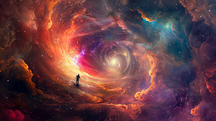 Starship Navigation: Surrounded by the swirling colors of a distant nebula, a lone starship charts a course through the endless expanse of space.