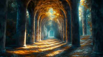 Fototapeta premium A labyrinthine garden of stone pillars creating an otherworldly forest where the trees are made of stone and the sunlight filters through their cracks. Labyrinthine. Illustration