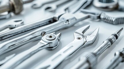 Fototapeta premium Close-up of various shiny metal hand tools on white background.