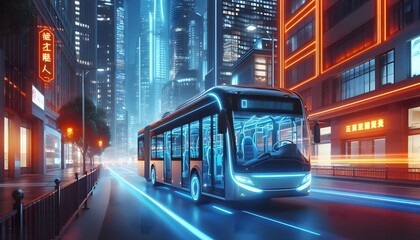 Autonomous electric bus driving on city street with neon lights at night.