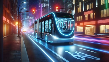 Autonomous electric bus driving on city street with neon lights at night.