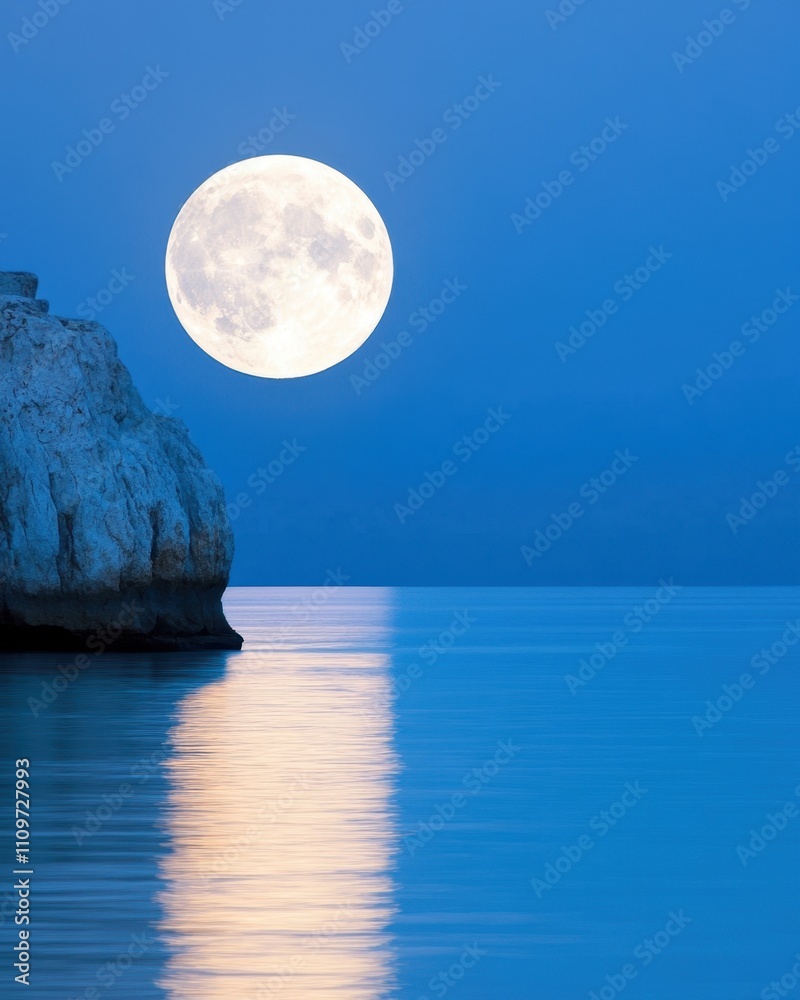 Poster bright full moon illuminating calm waters and rugged cliffs at dusk by the seaside