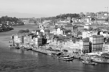 Buildings in downtown Porto in Portugal in black and white