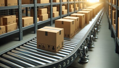 Cardboard boxes on conveyor rollers ready to be shipped by courier for distribution.