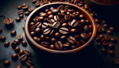 Coffee Beans Closeup On Dark Background