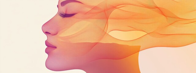 Minimalist Illustration of a Human Face Inhaling Deeply with Flowing Breath Lines and Gentle Gradient Colors
