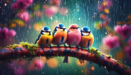 Colorful Birds on a Branch in Rainy Garden
