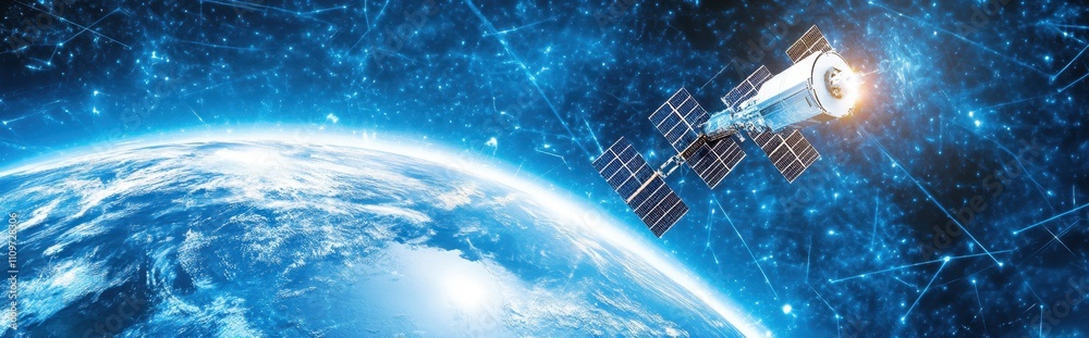 Aufkleber Futuristic Telecom Satellite Orbits Earth, Connecting Global Networks With Advanced Technology