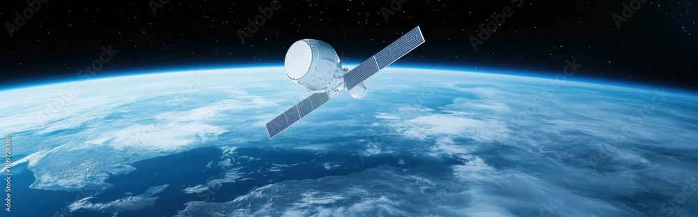 Poster futuristic telecom satellite revolutionizing global connectivity in earth's orbit