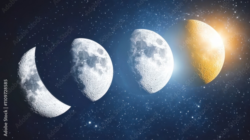 Poster Exploring the Enchanting Transitions of the Moon Through Its Main Phases in a Starry Night