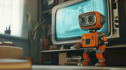 Futuristic robot in a modern living room, blending technology and comfort, cozy atmosphere, soft lighting, sci-fi ambiance.