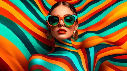 Woman with glasses and colorful outfit in optical art, fashion photography, fluid color combinations, matte photo, stripes and shapes. Colors: orange, green, turquoise, yellow and blue. Surrealistic