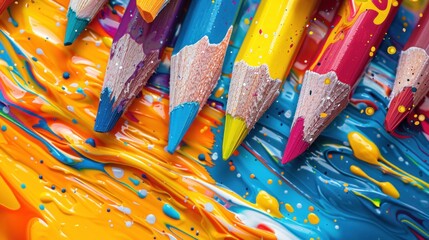 Obraz premium Close-up of colorful pencils on vibrant paint.