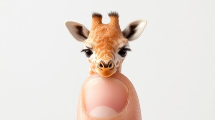 Tiny, adorable baby giraffe resting on a fingertip, its large eyes and long eyelashes adding to its cuteness