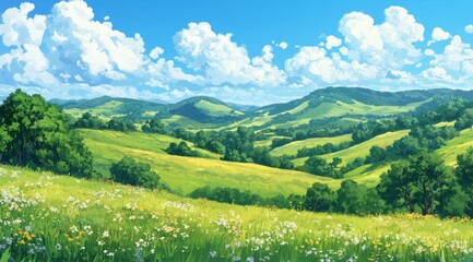 Fototapeta premium Beautiful flat vector landscape with rolling green hills under a blue sky filled with fluffy white clouds