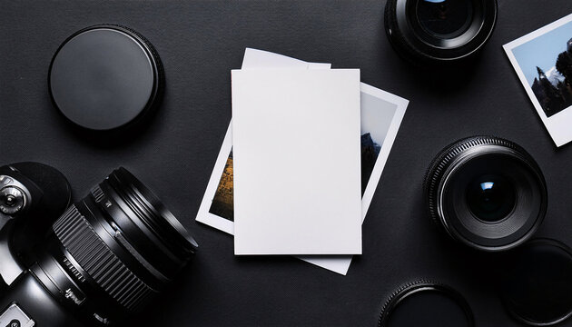 Business card mock up showcasing a sleek design surrounded by photography equipment and printed images on a black surface