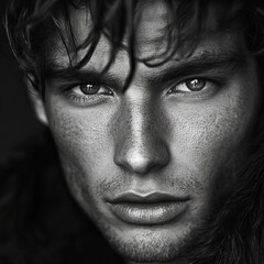 Fototapeta premium black and white closeup portrait of a young, handsome man on black background, concept of cosmetics, skincare, shaving and beauty