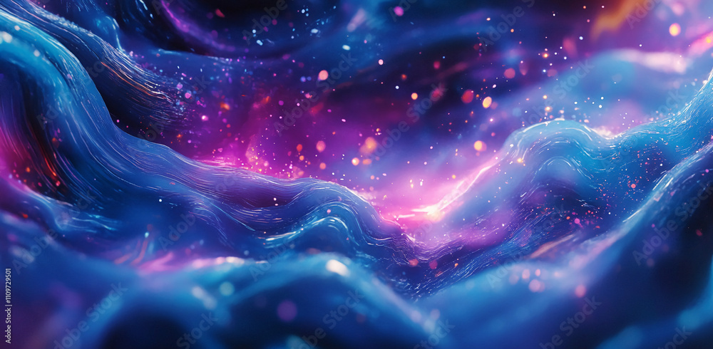 Poster Colorful abstract waves in a cosmic-like landscape with flowing textures and vibrant particles