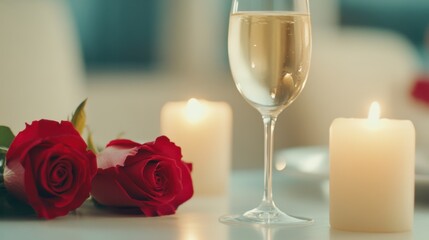 Candlelit Dinner Table Adorned With Roses and Wine Glasses Creates an Enchanting Romantic Atmosphere
