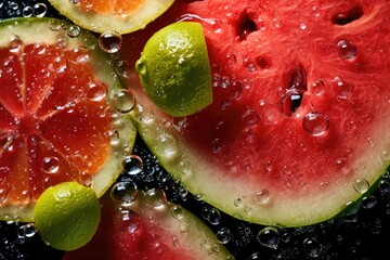 Juicy watermelon and zesty lime slices are displayed with bubbles on a dark surface capturing the essence of freshness during a warm summer day