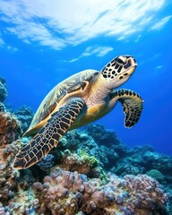 Obraz premium Majestic Sea Turtle Glides Effortlessly Through Crystal Clear Ocean Waters