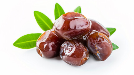 Dried Dates with Leaves: Tasty dried dates with leaves on a white background, emphasizing their natural and healthy appeal.