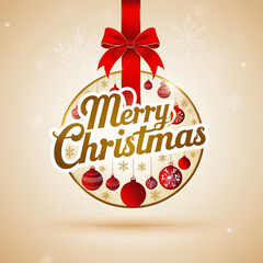 Modern "Merry Christmas" logo: bold golden cursive, holiday ornaments, creamy white background, red ribbon bow, circular metallic gradient, subtle snowflake. Generated With AI Image