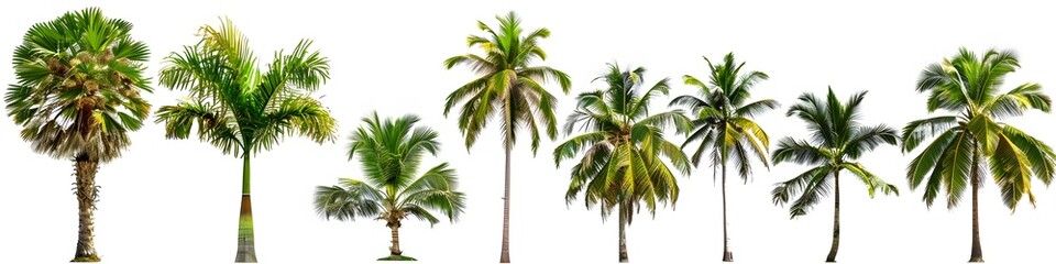 Collection of various palm trees isolated on white background. Lush green foliage, perfect for tropical themes.