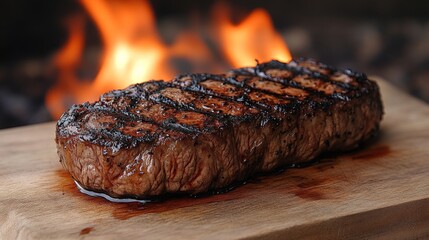 A perfectly grilled steak on a wooden board, showcasing its juicy texture and grill marks.