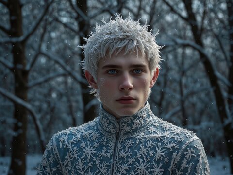 A mythical depiction of Jack Frost, a figure embodying winter, with frosty white hair, glowing icy blue eyes, and an aura of cold