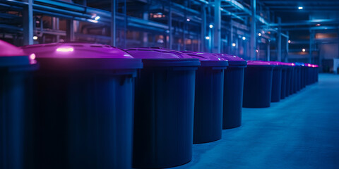 vibrant recycling center glowing with activity and colorful bins.