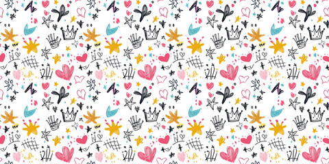 Collection of hand drawn colorful charcoal doodle shapes and squiggles in child style. Pencil drawings isolated on white. Doodle collage elements