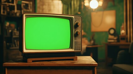 A Sleek TV with a Green Screen Sitting on a Modern Stand

