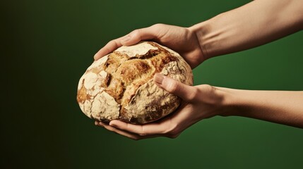 Hands exchanging a fresh rustic loaf of bread, symbolizing nourishment, sharing, and connection, set against a vibrant green background for a simple and authentic feel.