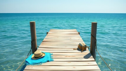 Fototapeta premium Blue beach towel and hat on wooden dock at the seaside, summer relaxation, coastal decor, coastal escape, jetty, vacation destination