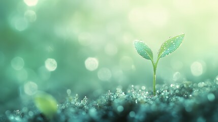 A bright green sprout growing from nutrient-rich soil, illuminated by a single ray of sunlight breaking through the clouds, with a blurred earthy background.