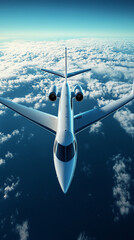 Modern aircraft soaring above clouds during daytime flight over the ocean