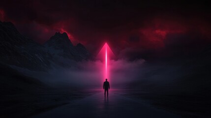 Person standing in the middle of a dark and desolate landscape. the person is facing away from the viewer, with their back towards the horizon.