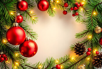Christmas Branches Border with Christmas Decorations on Transparent Background