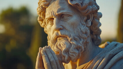 Marble Statue of a Bearded Figure in Prayer with Intense Expression and Golden Light