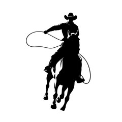 Cowboy silhouette rider riding a horse. This is a Wild West figure illustration of a guy riding a horse wearing a cowboy hat and lasso.