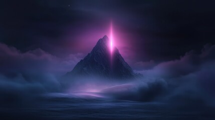 Digital art piece that appears to be a landscape photograph of a mountain peak in the middle of a body of water.