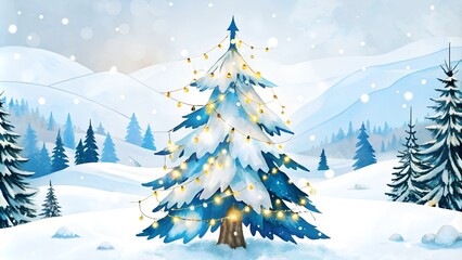 Obraz premium Festive snowy christmas tree in winter wonderland with snowfall and lights